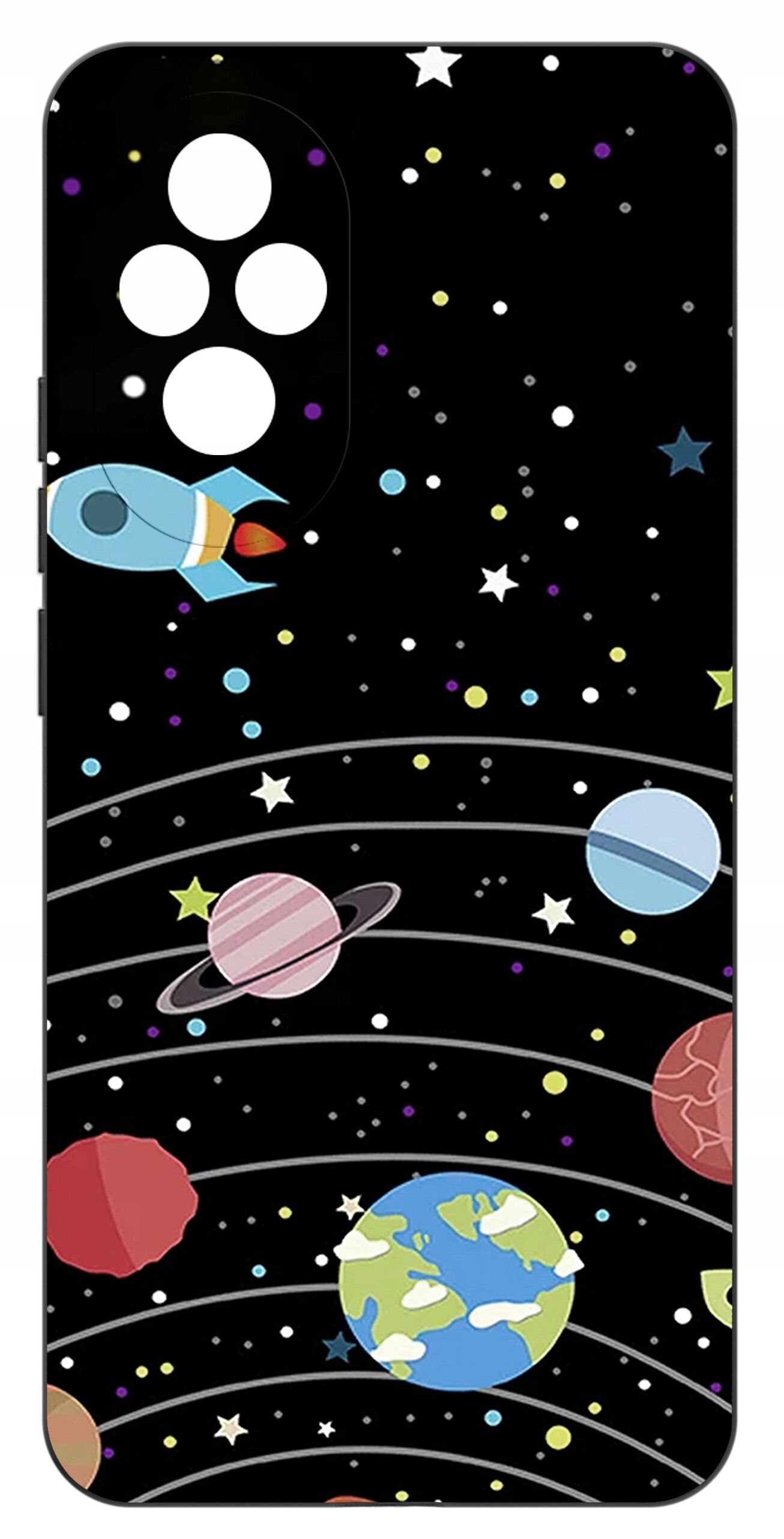 Etui na telefon z motywem kosmosu, przedstawiające planety, gwiazdy i rakietę na czarnym tle. W górnej części widoczne są wycięcia na aparat.
