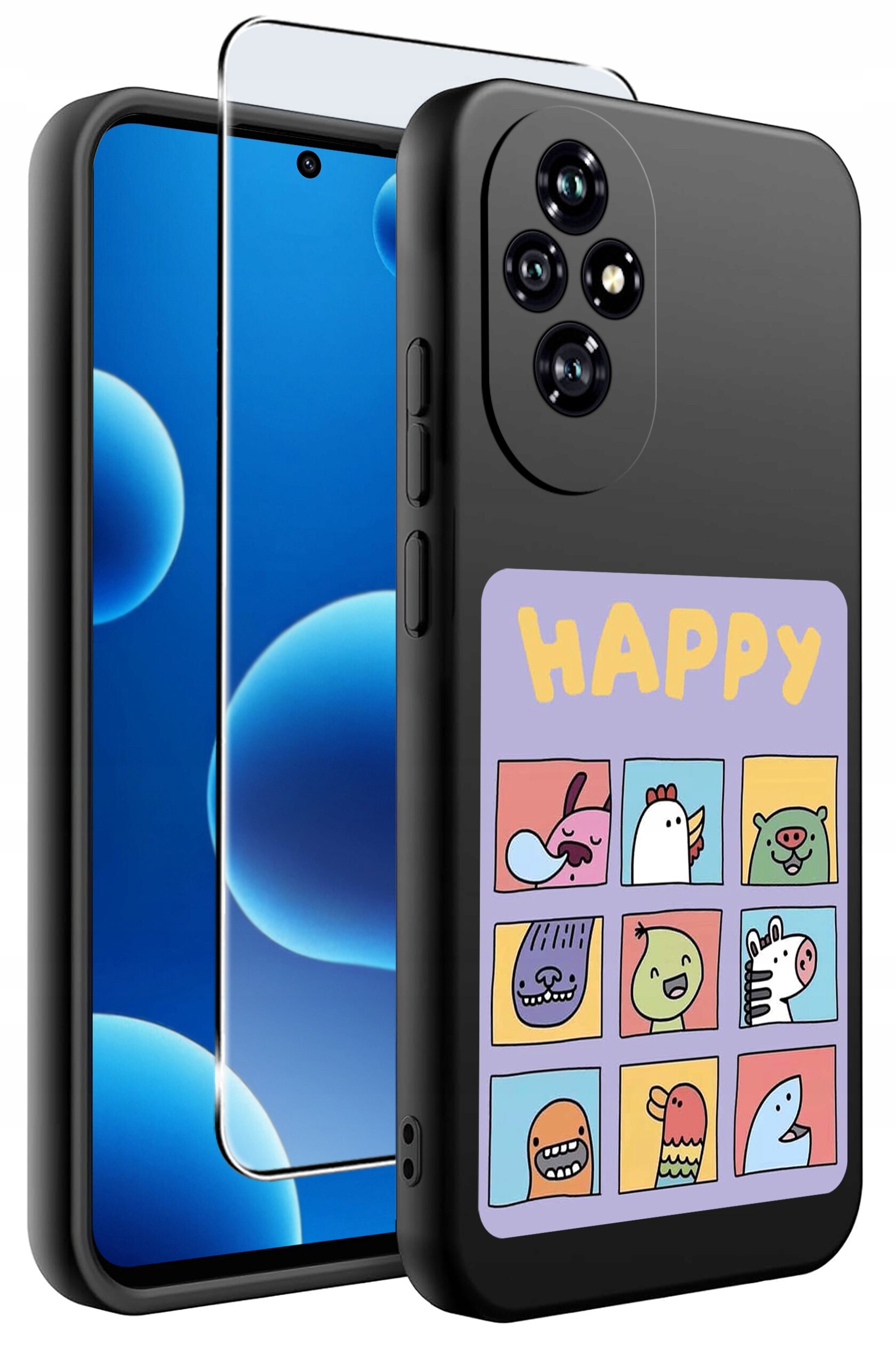 Czarne silikonowe etui na telefon z kolorowym wzorem przedstawiającym dziewięć rysunkowych zwierząt i napisem \'HAPPY\'. Obok etui znajduje się przezroczyste szkło ochronne na ekran.