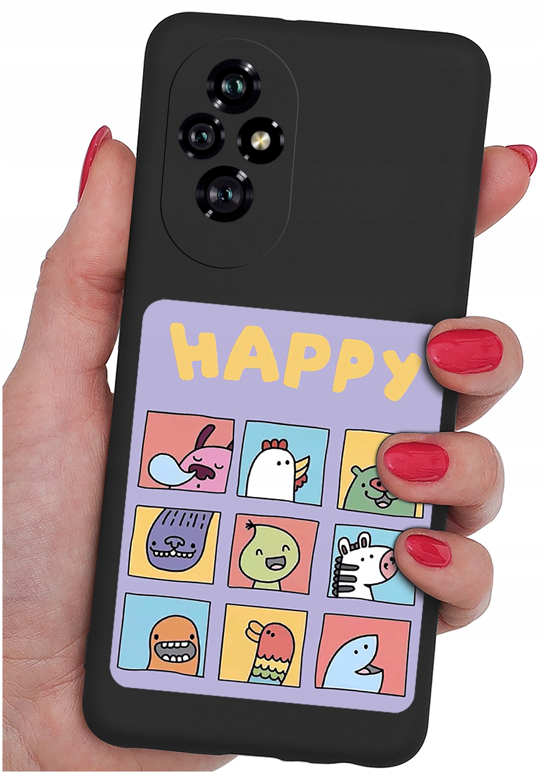 Czarna obudowa telefonu z kolorowym wzorem przedstawiającym dziewięć rysunkowych postaci i napis \'HAPPY\' na górze. Obudowa jest trzymana w dłoni z pomalowanymi na czerwono paznokciami.