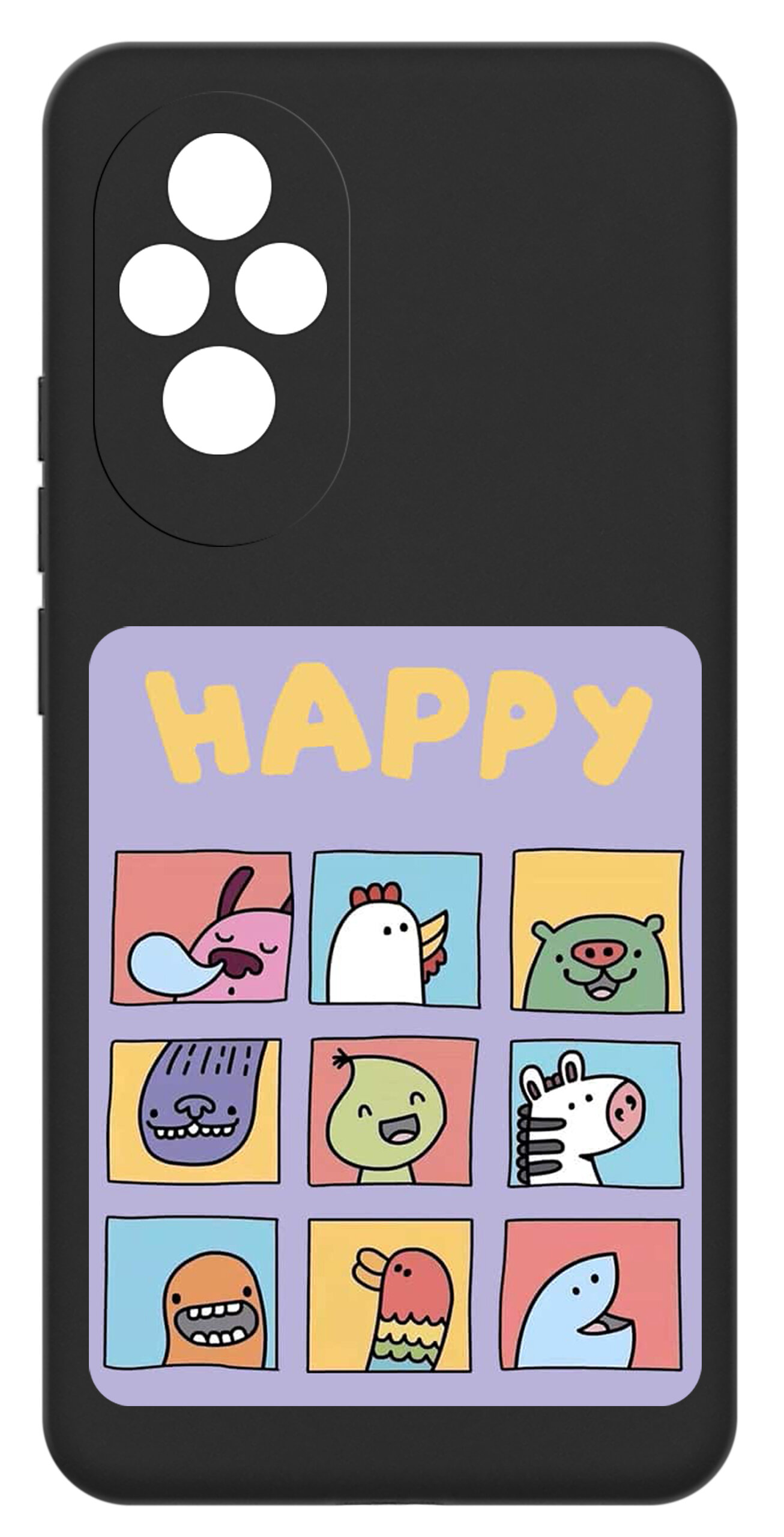 Czarne etui na telefon z kolorowym wzorem przedstawiającym dziewięć rysunkowych zwierząt w kwadratach oraz napis \'HAPPY\' na górze. Etui ma wycięcia na cztery obiektywy aparatu.