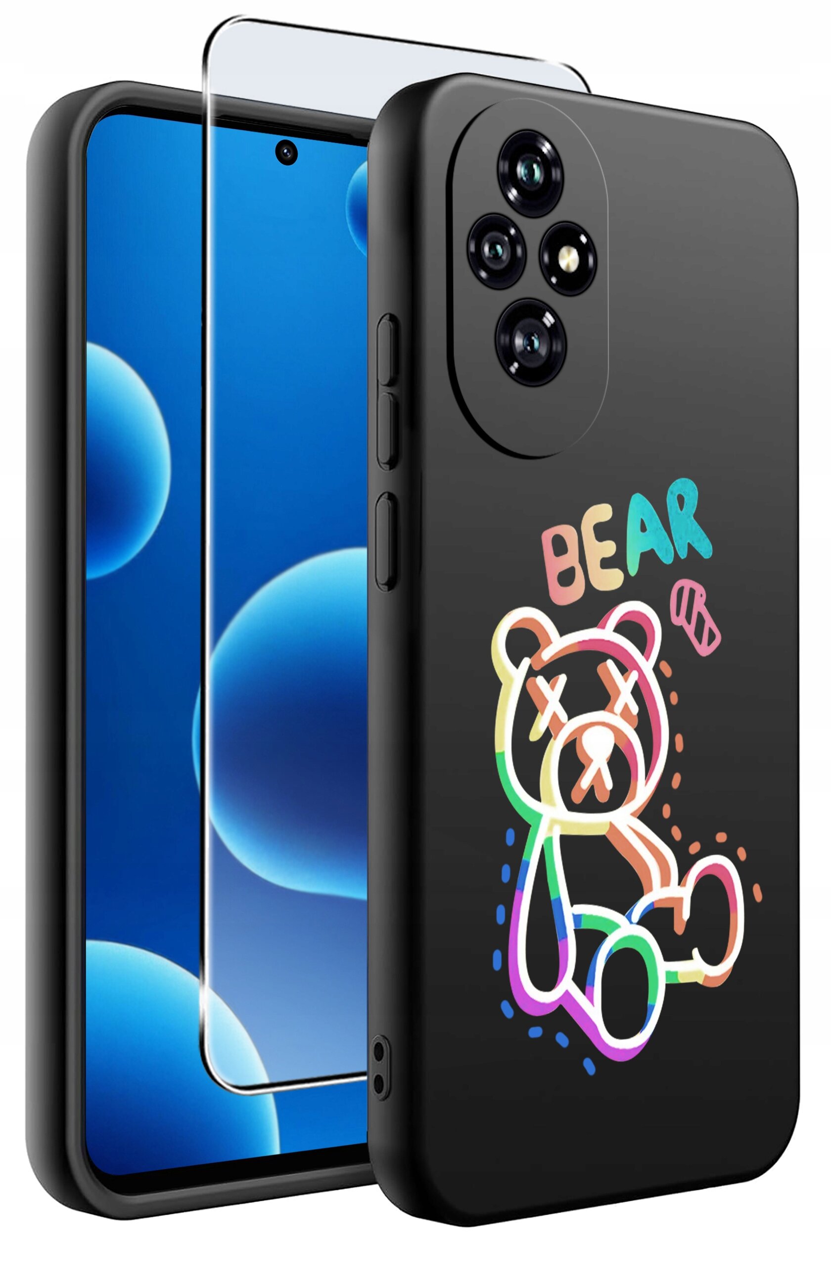 Czarne silikonowe etui z kolorowym rysunkiem misia i napisem \'BEAR\'. Obok etui znajduje się szkło ochronne na ekran telefonu.