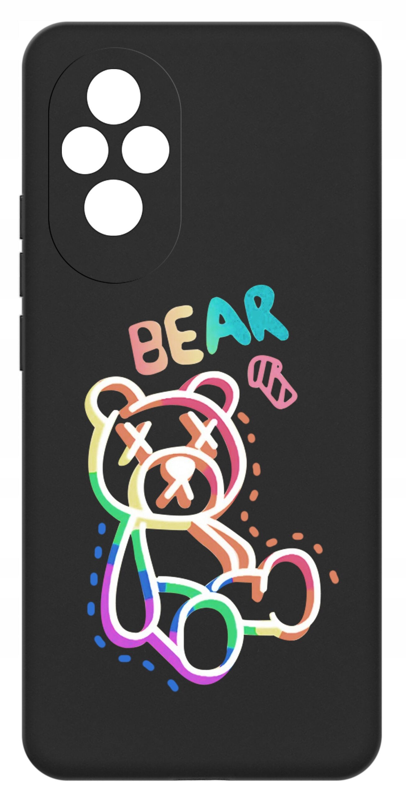 Czarne etui z kolorowym rysunkiem misia i napisem \'BEAR\'. Etui posiada wycięcia na cztery obiektywy aparatu.