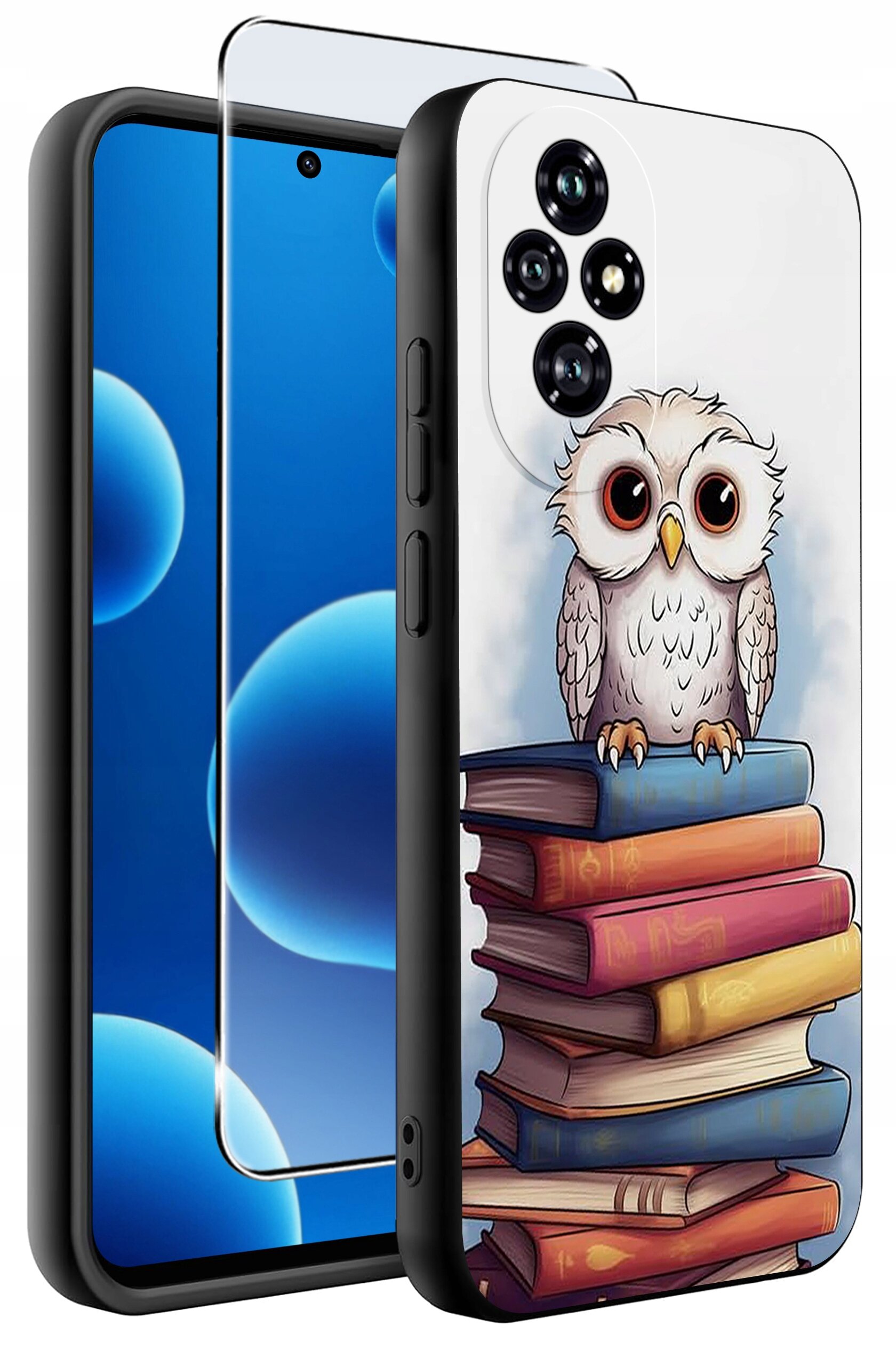 Etui na telefon z nadrukiem sowy siedzącej na stosie książek, obok widoczne szkło ochronne na ekran. Etui jest silikonowe z matowym wykończeniem.