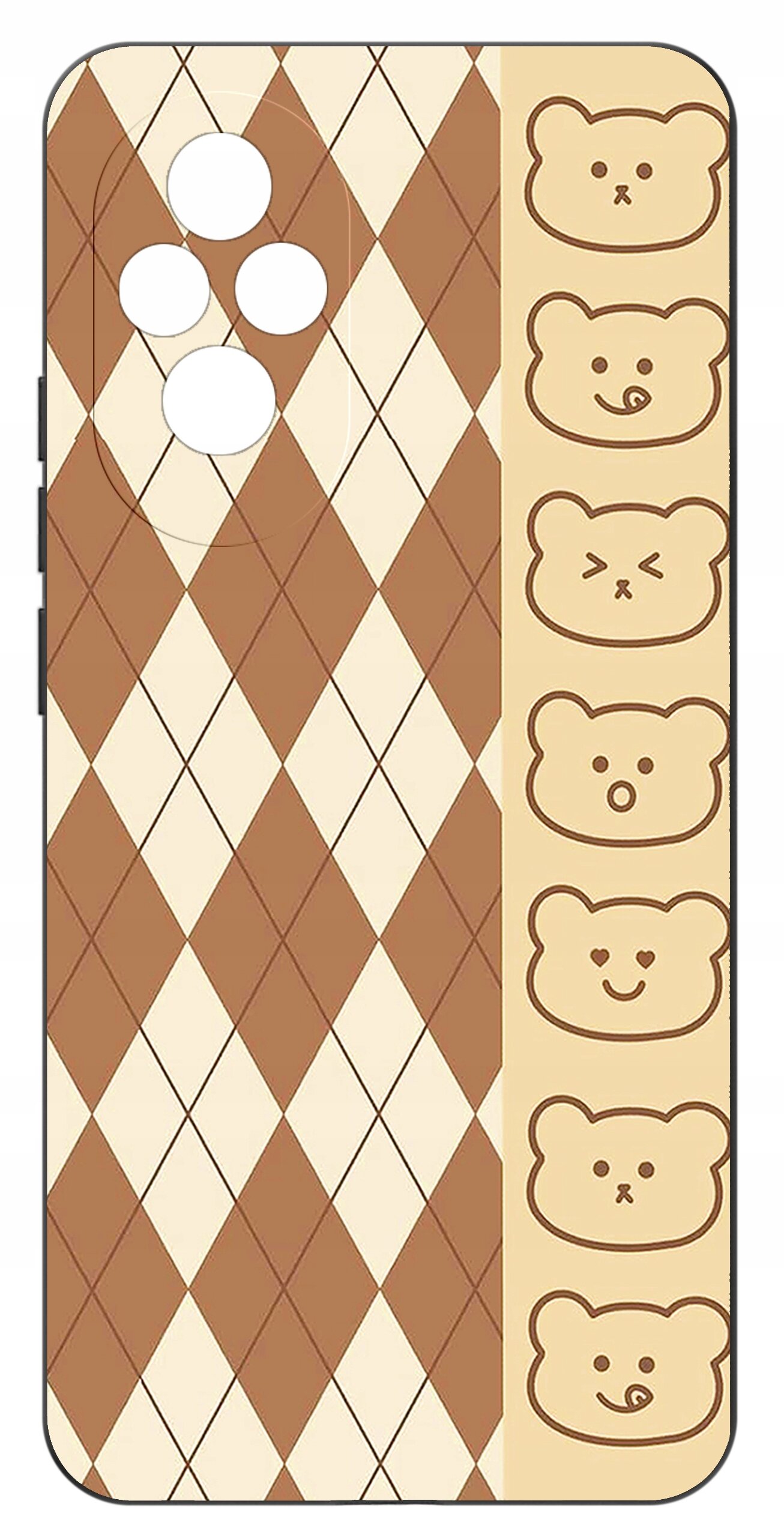 Etui na telefon z wzorem w romby w kolorach brązowym i kremowym oraz rzędem rysunków misiów po prawej stronie.