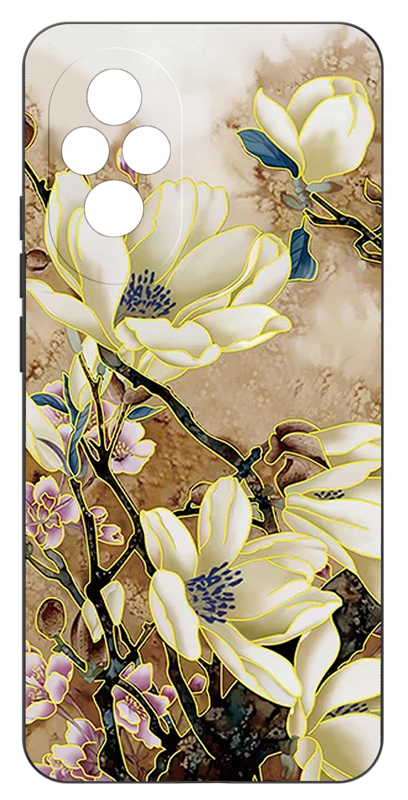 Etui na telefon z wzorem przedstawiającym kwiaty magnolii na tle w odcieniach brązu i beżu. Etui ma wycięcia na cztery obiektywy aparatu.