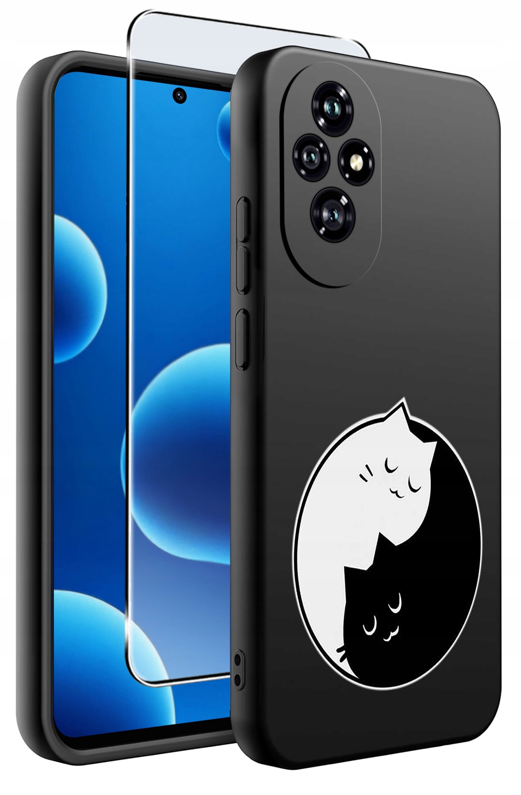 Czarne silikonowe etui na telefon z grafiką dwóch kotów w stylu yin-yang. Obok etui znajduje się szkło ochronne na ekran.