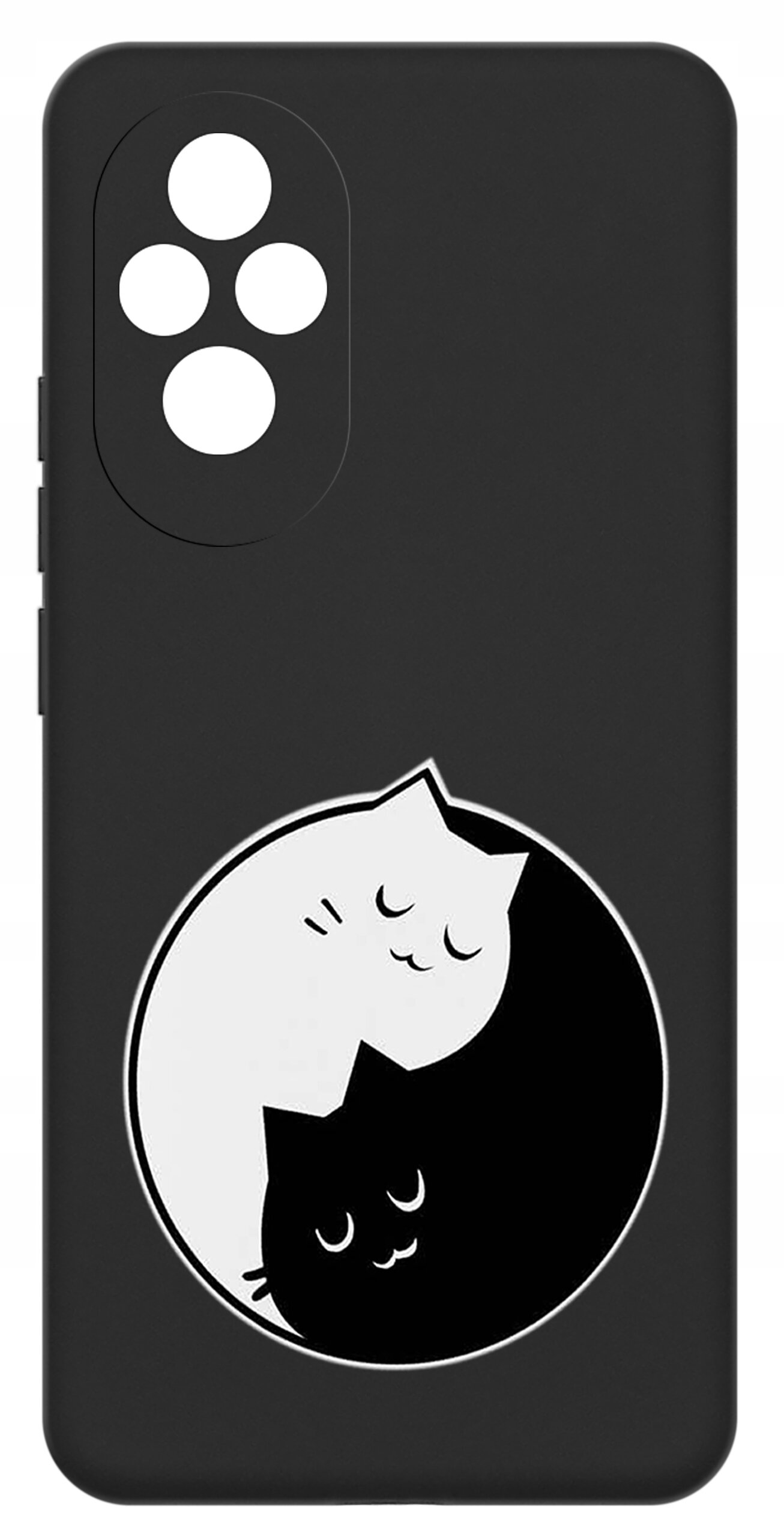 Czarne etui na telefon z wycięciami na aparat i grafiką dwóch kotów w stylu yin-yang na dole. Etui ma matowe wykończenie.