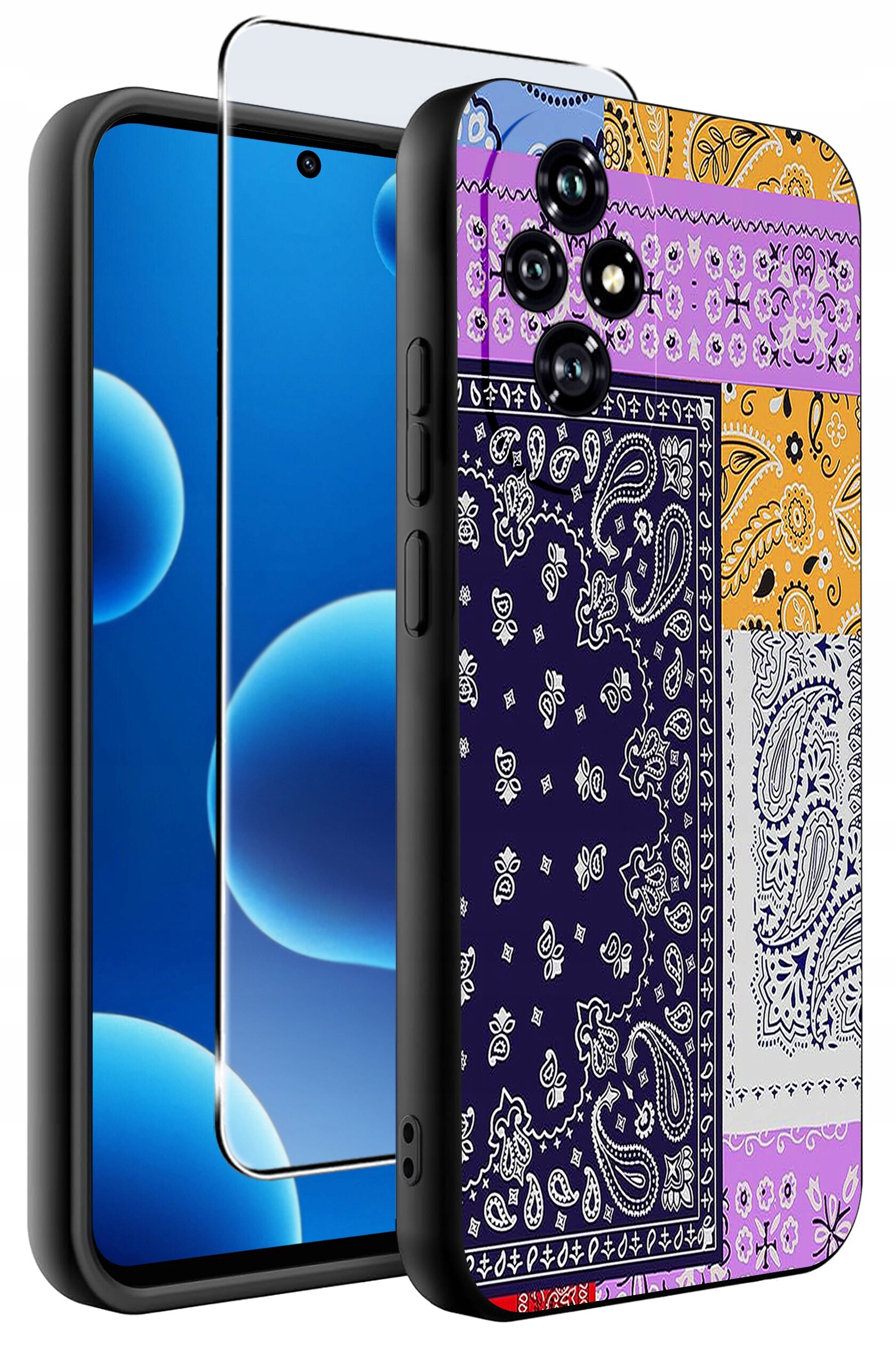 Obraz przedstawia silikonowe etui na telefon z kolorowym wzorem paisley oraz szkło ochronne. Etui ma różne kolory, w tym fioletowy, pomarańczowy i granatowy, z białymi detalami.