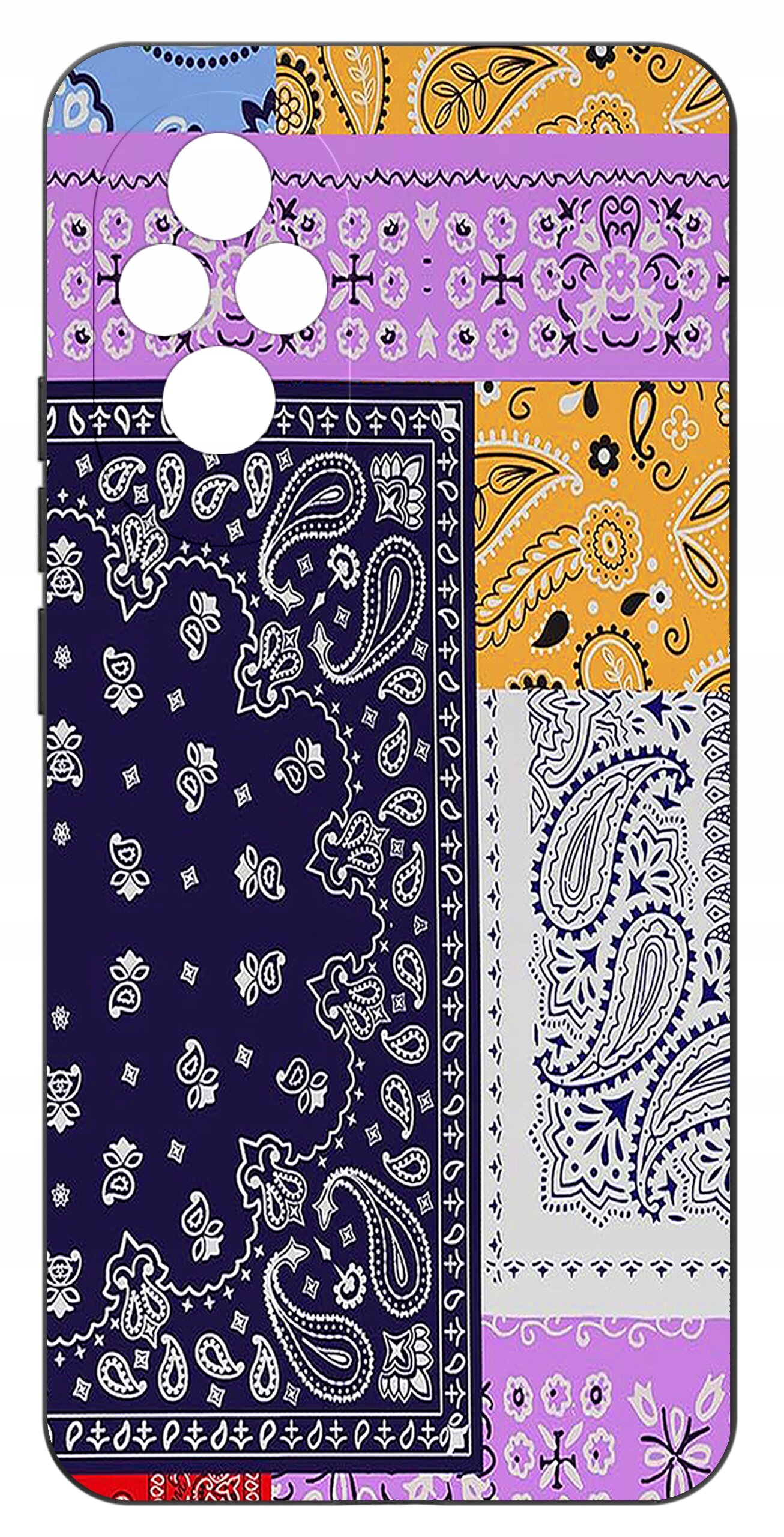 Etui na telefon z kolorowym wzorem paisley w odcieniach fioletu, pomarańczu, granatu i bieli. Posiada wycięcia na aparat i przyciski.
