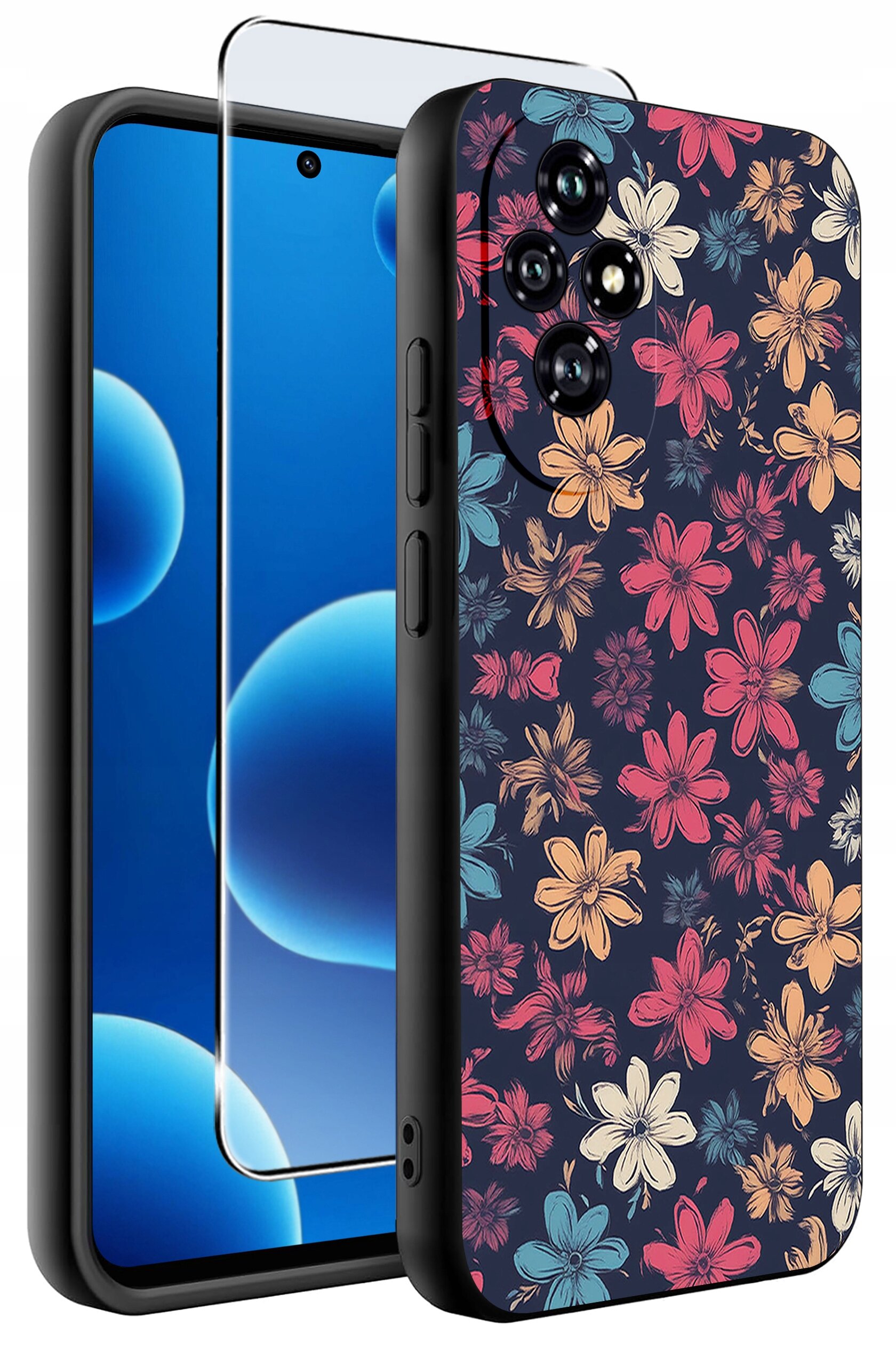 Obraz przedstawia silikonowe etui na telefon z kolorowym wzorem kwiatów oraz szkło ochronne 9H. Etui ma ciemne tło z różnobarwnymi kwiatami w odcieniach czerwieni, pomarańczu i niebieskiego.