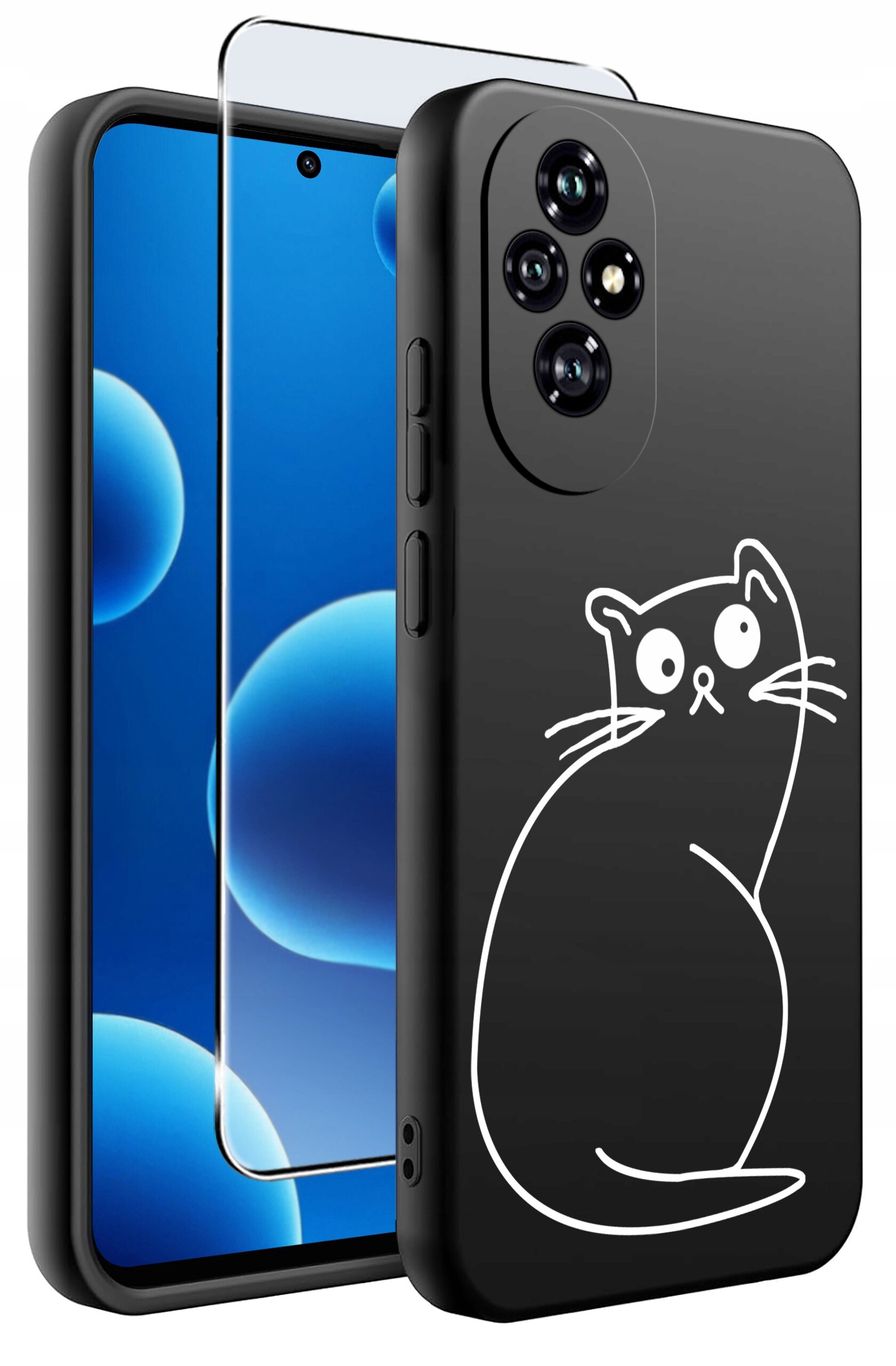 Czarne silikonowe etui z białym rysunkiem kota, obok którego znajduje się szkło ochronne na ekran. W tle widoczny jest telefon z niebieskim ekranem.