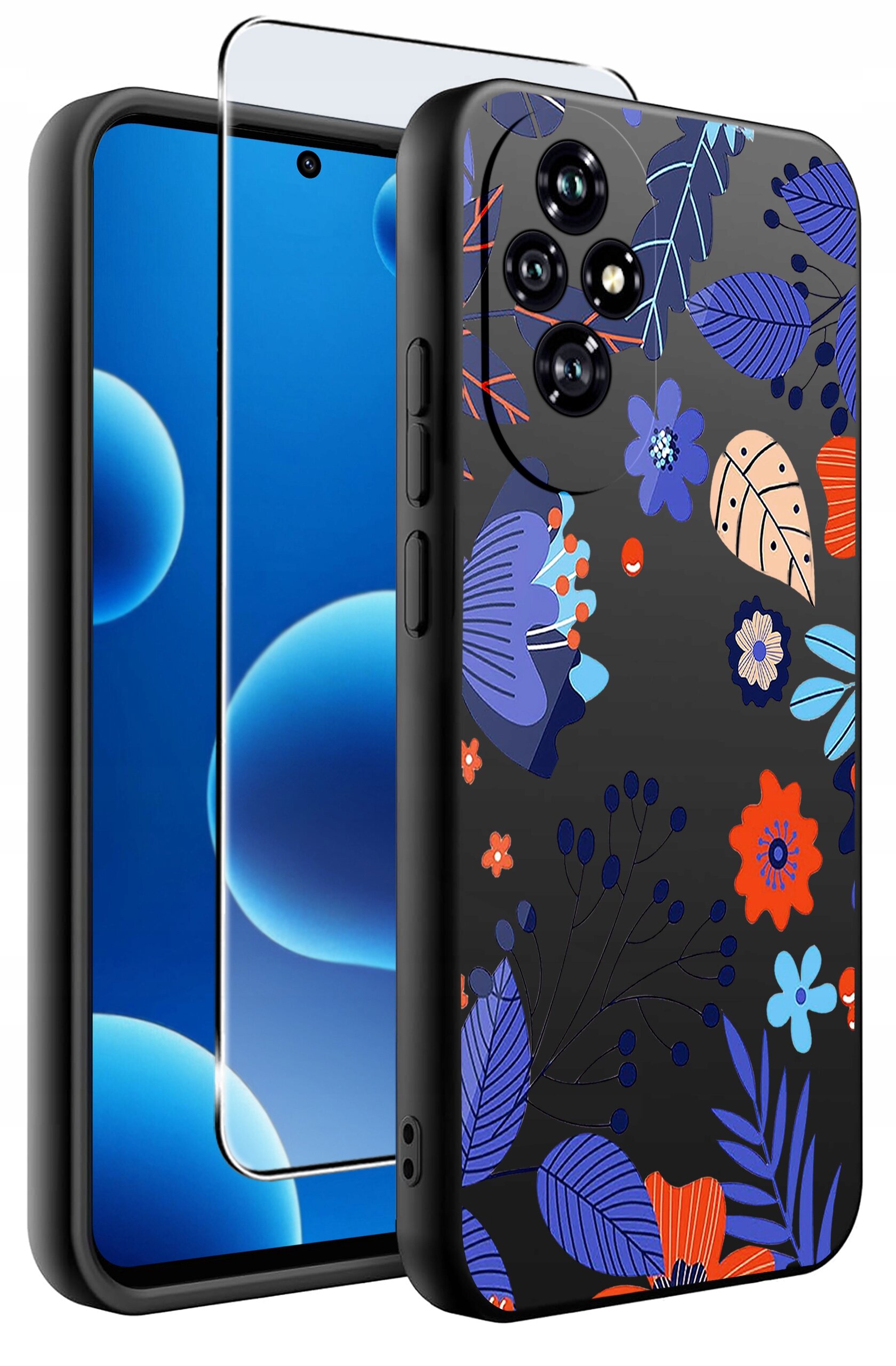 Etui na telefon z kolorowym wzorem kwiatowym w odcieniach niebieskiego, pomarańczowego i fioletowego. Obok etui znajduje się przezroczysta osłona ekranu.
