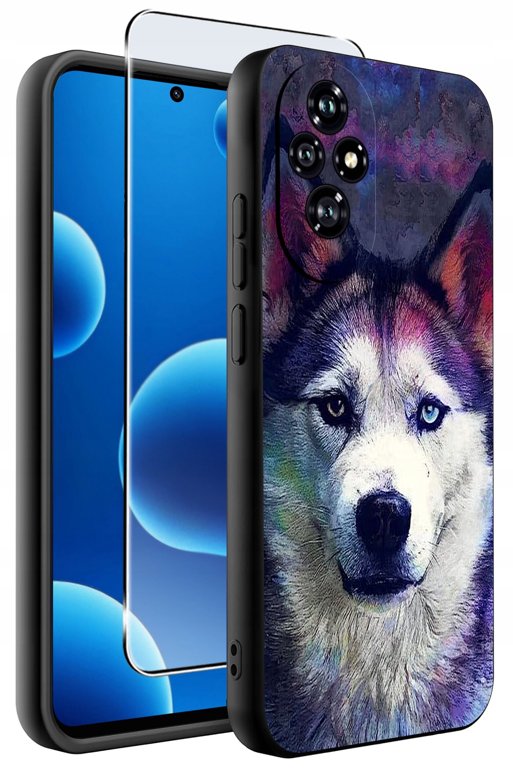 Etui na telefon z nadrukiem psa o niebieskich oczach, obok którego znajduje się szkło ochronne na ekran. Tło etui jest kolorowe, a szkło jest przezroczyste.