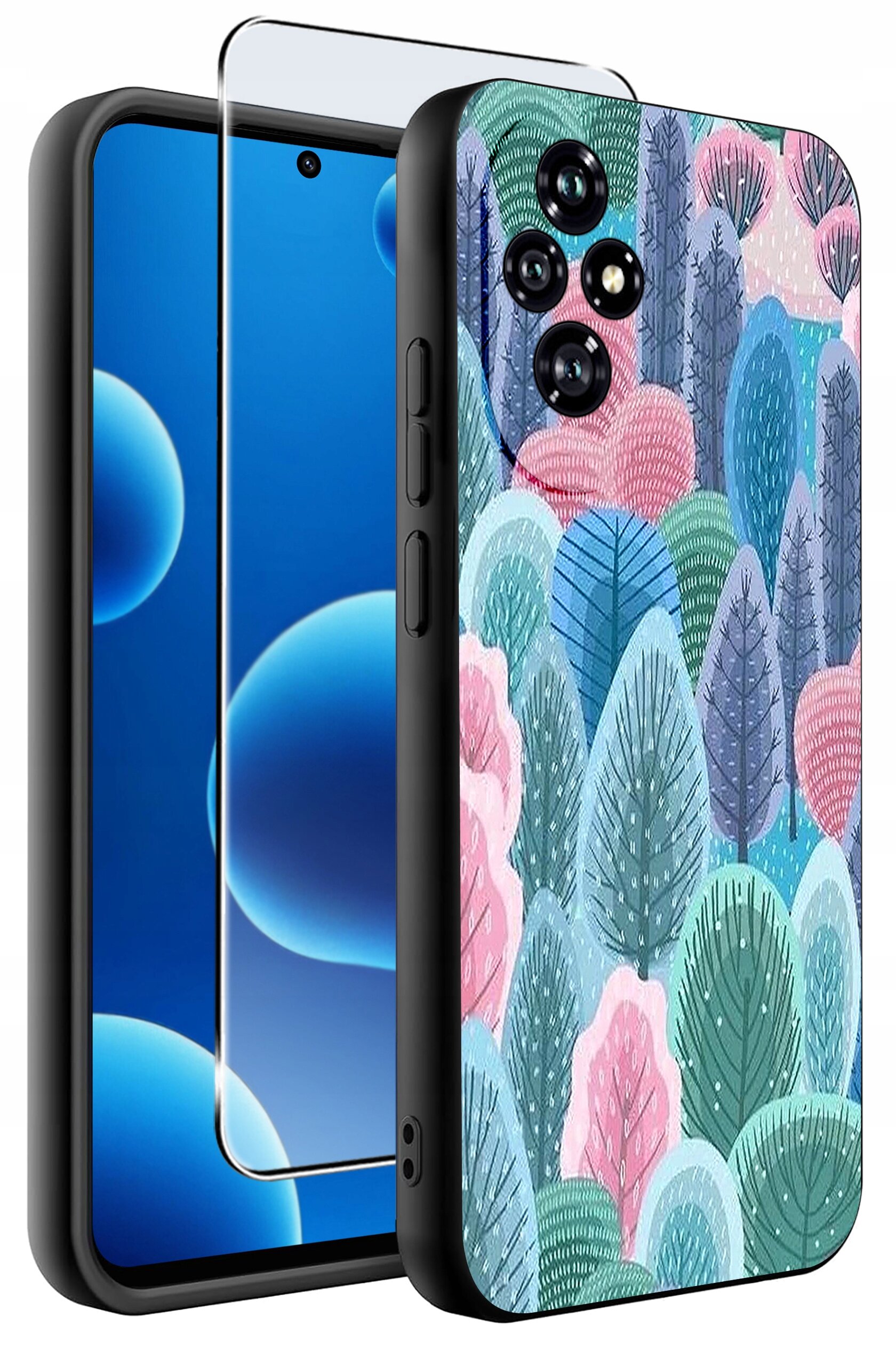 Obraz przedstawia silikonowe etui na telefon z kolorowym wzorem drzew oraz szkło ochronne. Etui ma wycięcia na aparat i przyciski boczne.