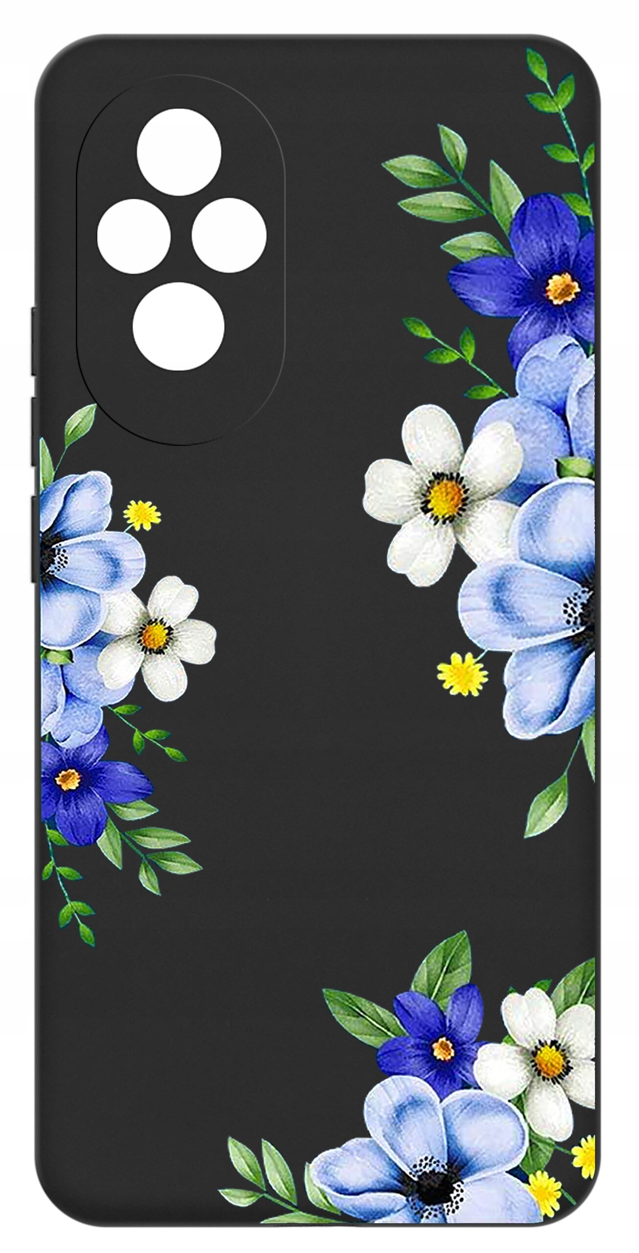 Czarne etui na telefon z kolorowym wzorem kwiatów w odcieniach niebieskiego, białego i zielonego. Etui ma wycięcia na aparat w kształcie czterech okręgów.