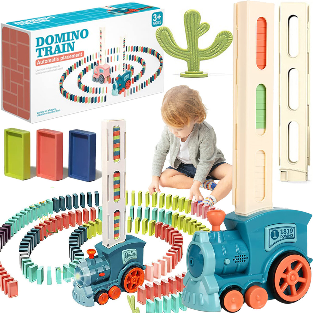 Na obrazie znajduje się zabawka w kształcie pociągu z funkcją automatycznego układania domina, otoczona kolorowymi klockami domina. W tle widoczny jest karton z napisem \'DOMINO TRAIN Automatic placement\' oraz dziecko bawiące się klockami.