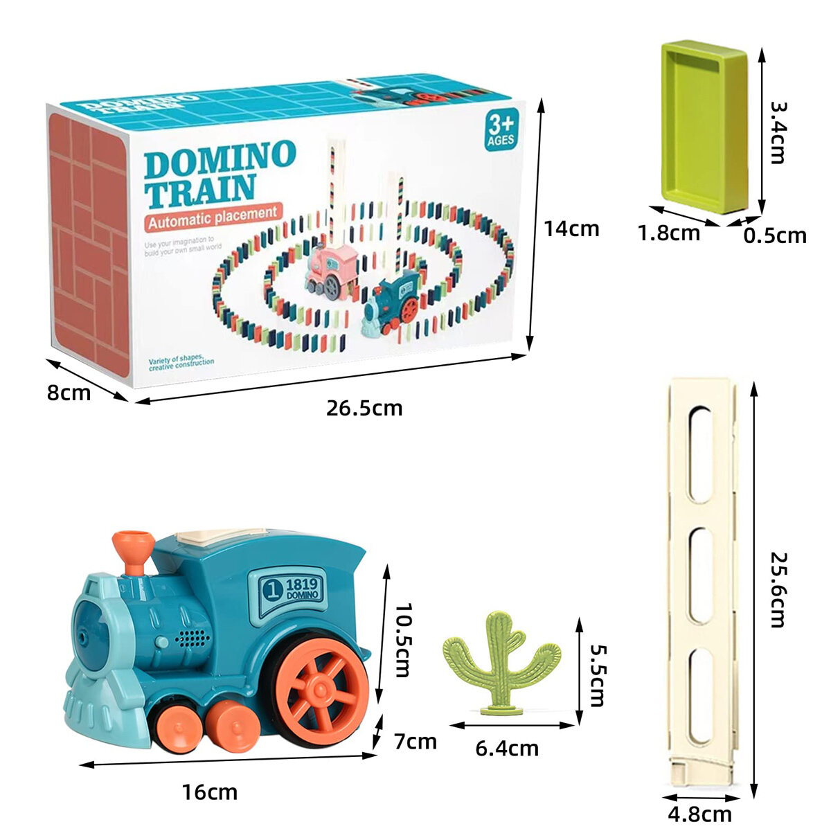 Na obrazie znajduje się opakowanie zabawki \'Domino Train\' z ilustracją pociągu i ustawionych domino. Obok widoczne są wymiary elementów: pociąg 16x7x10.5 cm, kaktus 6.4x5.5 cm, domino 1.8x0.5x3.4 cm, oraz tor 4.8x25.6 cm.