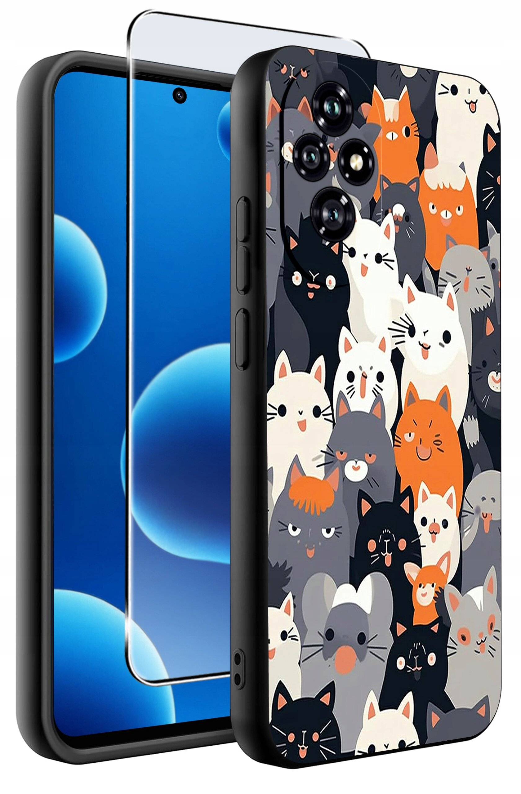 Obraz przedstawia silikonowe etui na telefon z kolorowym wzorem przedstawiającym różne koty oraz szkło ochronne na ekran. Etui ma wycięcia na aparat i przyciski boczne.