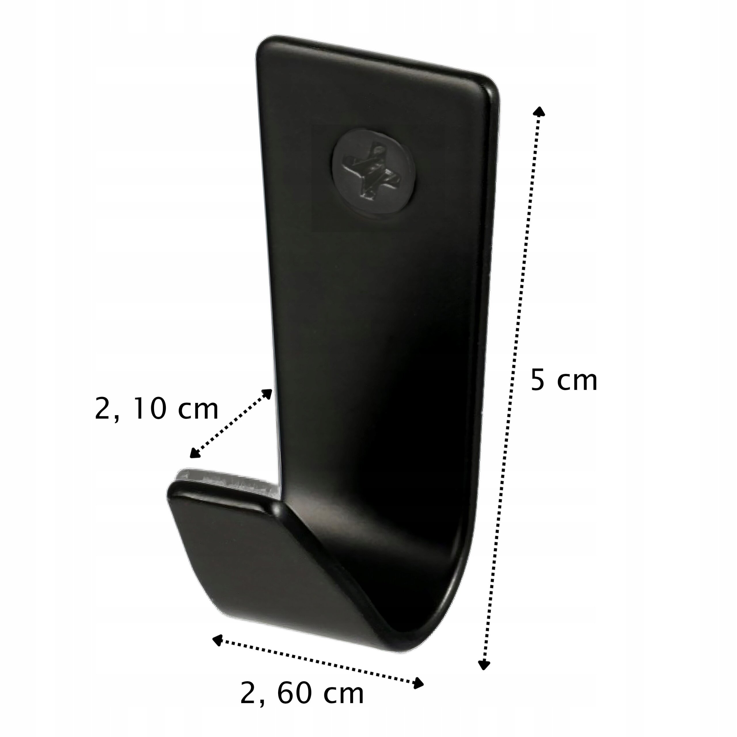 Czarny metalowy haczyk na ubrania z prostym montażem, o wymiarach 5 cm wysokości, 2,60 cm szerokości i 2,10 cm głębokości. Na powierzchni widoczny jest okrągły element montażowy.