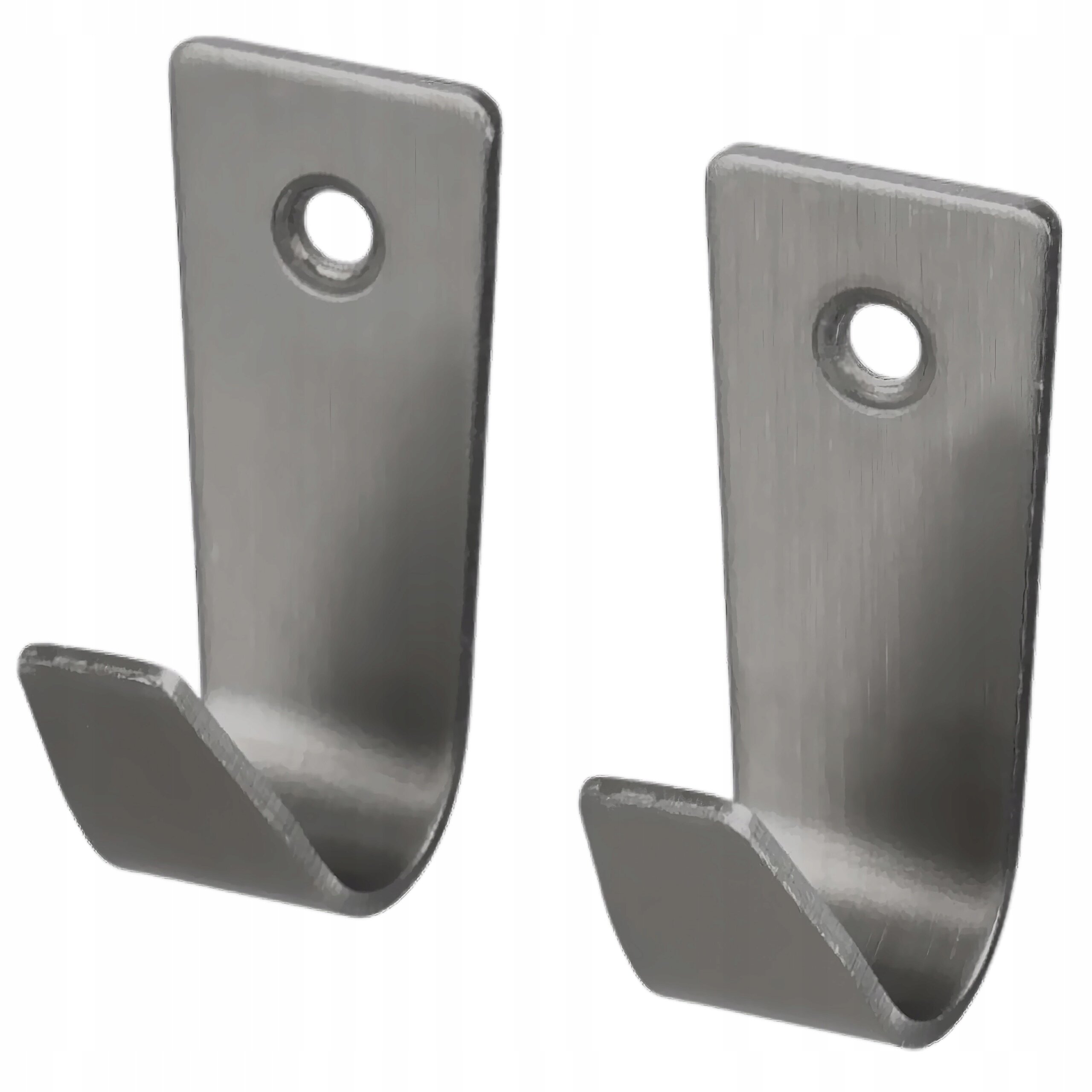 Dwa srebrne metalowe haczyki na ubrania z otworami montażowymi u góry. Haczyki mają prosty, uniwersalny design.