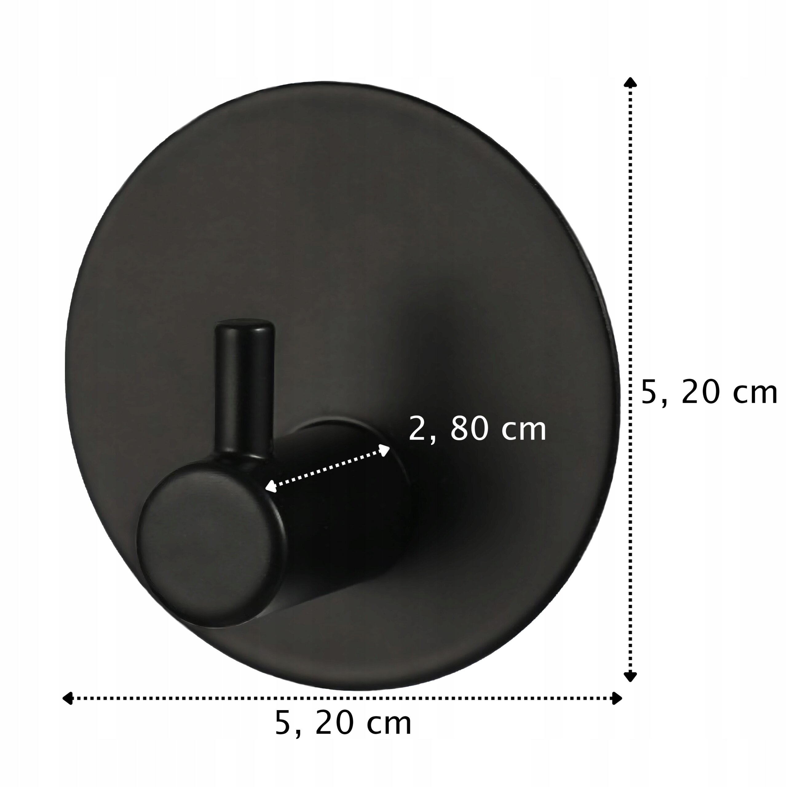Czarny, okrągły haczyk na ubrania z samoprzylepną powierzchnią, wykonany ze stali nierdzewnej. Wymiary: 5,20 cm średnicy, 2,80 cm głębokości.