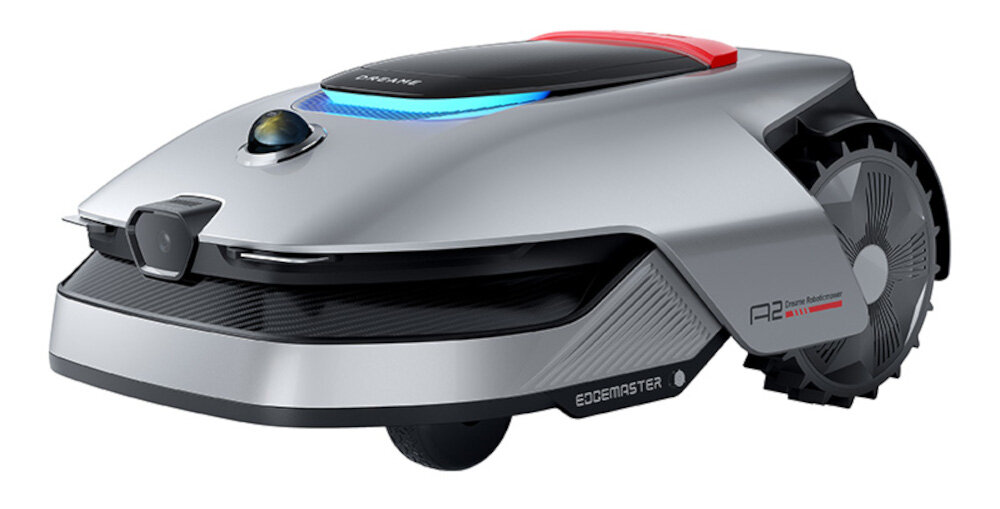Srebrny robot koszący z czarnymi i czerwonymi akcentami, posiada duże koła i napis \'DREAME\' na górze. Na boku widoczny jest napis \'A2\' oraz \'EdgeMaster\'.