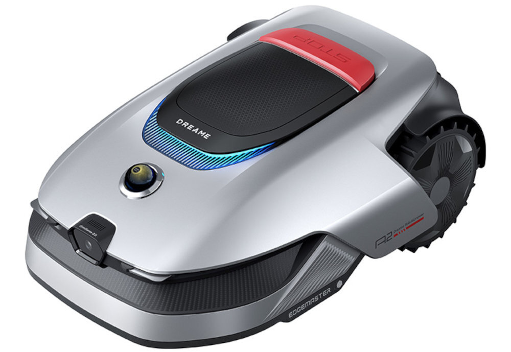 Srebrny robot koszący z czarnymi i czerwonymi elementami, na którym widoczne są napisy \'DREAME\', \'STOP\', \'A2\', \'EDGEMASTER\'.