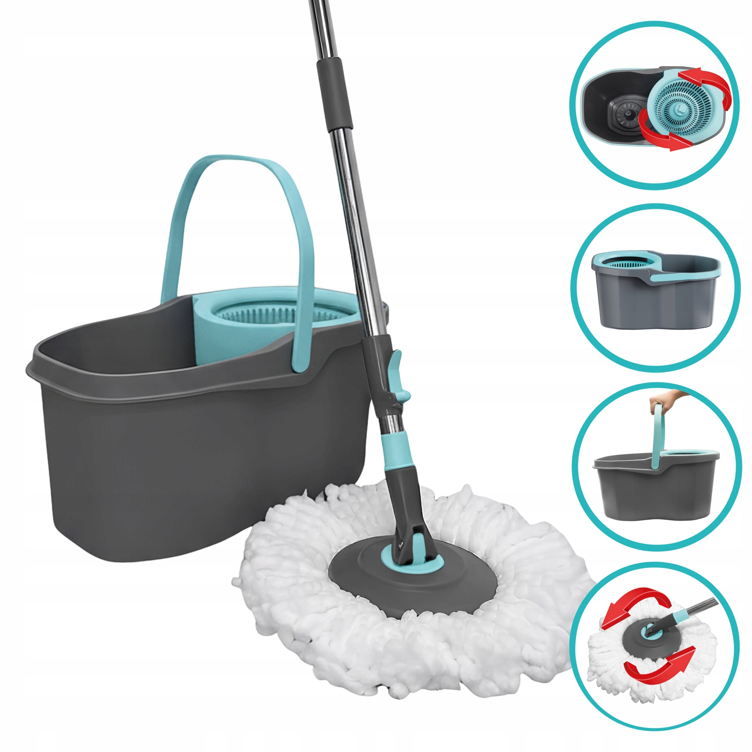 Na obrazie widoczny jest mop obrotowy z wiadrem w kolorze szarym z niebieskimi elementami. Obok znajdują się trzy okrągłe grafiki przedstawiające szczegóły produktu, takie jak mechanizm obrotowy i uchwyt wiadra.