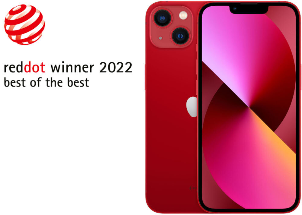 Czerwony smartfon z dwoma aparatami z tyłu i wyświetlaczem z gradientem różowo-fioletowym. Obok widoczny jest tekst: \'reddot winner 2022 best of the best\'.