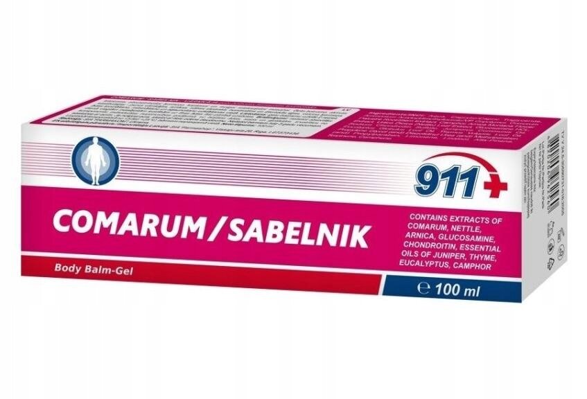 Opakowanie żelu do ciała o nazwie \'COMARUM/SABELNIK\' z logo \'911+\'. Zawiera informacje o składnikach takich jak ekstrakty z pięciornika, pokrzywy, arniki oraz olejki eteryczne.
