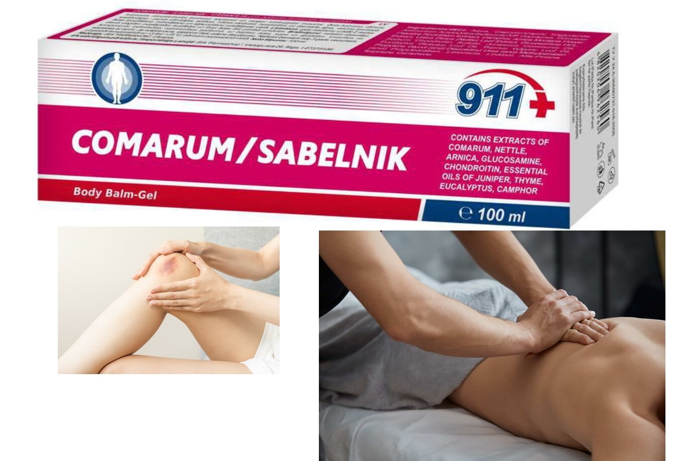 Opakowanie żelu do ciała z napisem \'COMARUM/SABELNIK Body Balm-Gel 100 ml\' oraz informacją o składnikach. Obok widoczne są zdjęcia przedstawiające masaż kolana i pleców.