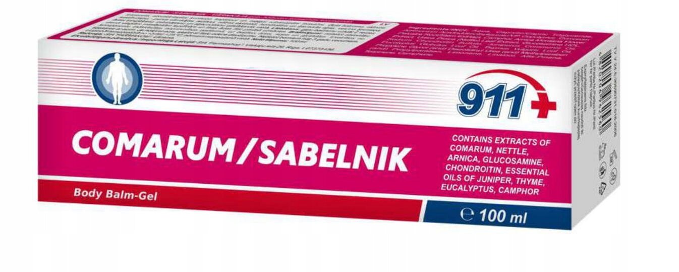 Opakowanie balsamu o nazwie \'COMARUM/SABELNIK\' z logo 911+ i pojemności 100 ml. Na opakowaniu widnieje informacja o zawartości ekstraktów z różnych roślin i składników, takich jak arnika i glukozamina.