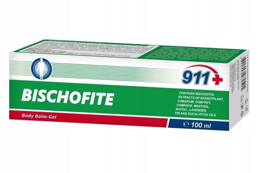 Opakowanie balsamu Bischofite o pojemności 100 ml z widocznym logo \'911+\'. Na opakowaniu znajduje się tekst: \'CONTAINS BISCHOFITE, EXTRACTS OF BASKETPLANT, COMARUM, COMFREY, CAMPHOR, MENTHOL, NAYOLI, LAVENDER, FIR AND EUCALYPTUS OILS\'.
