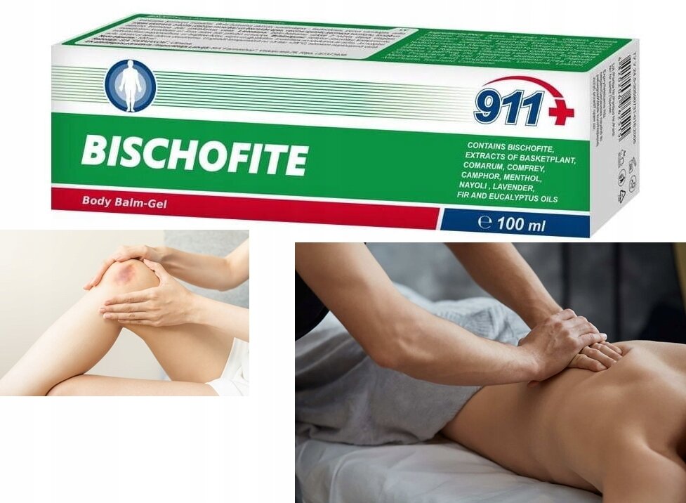 Na obrazie widoczny jest produkt w postaci tubki z napisem \'BISCHOFITE Body Balm-Gel\' oraz \'911+\'. Obok znajdują się zdjęcia przedstawiające masaż kolana i pleców.