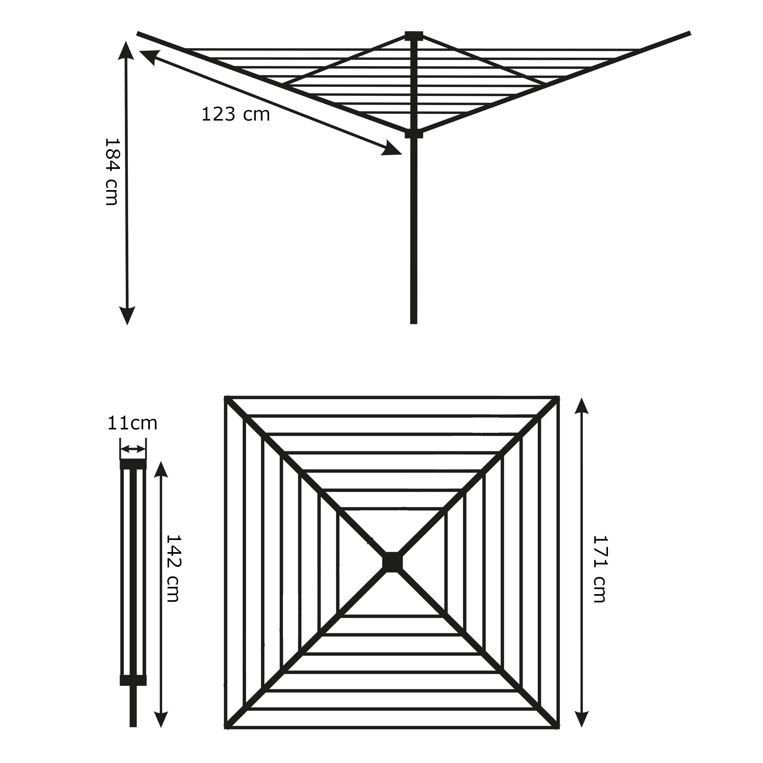 Schemat suszarki ogrodowej z wymiarami: wysokość 184 cm, szerokość 115 cm, długość 134 cm, szerokość po złożeniu 11 cm, długość po złożeniu 161 cm.