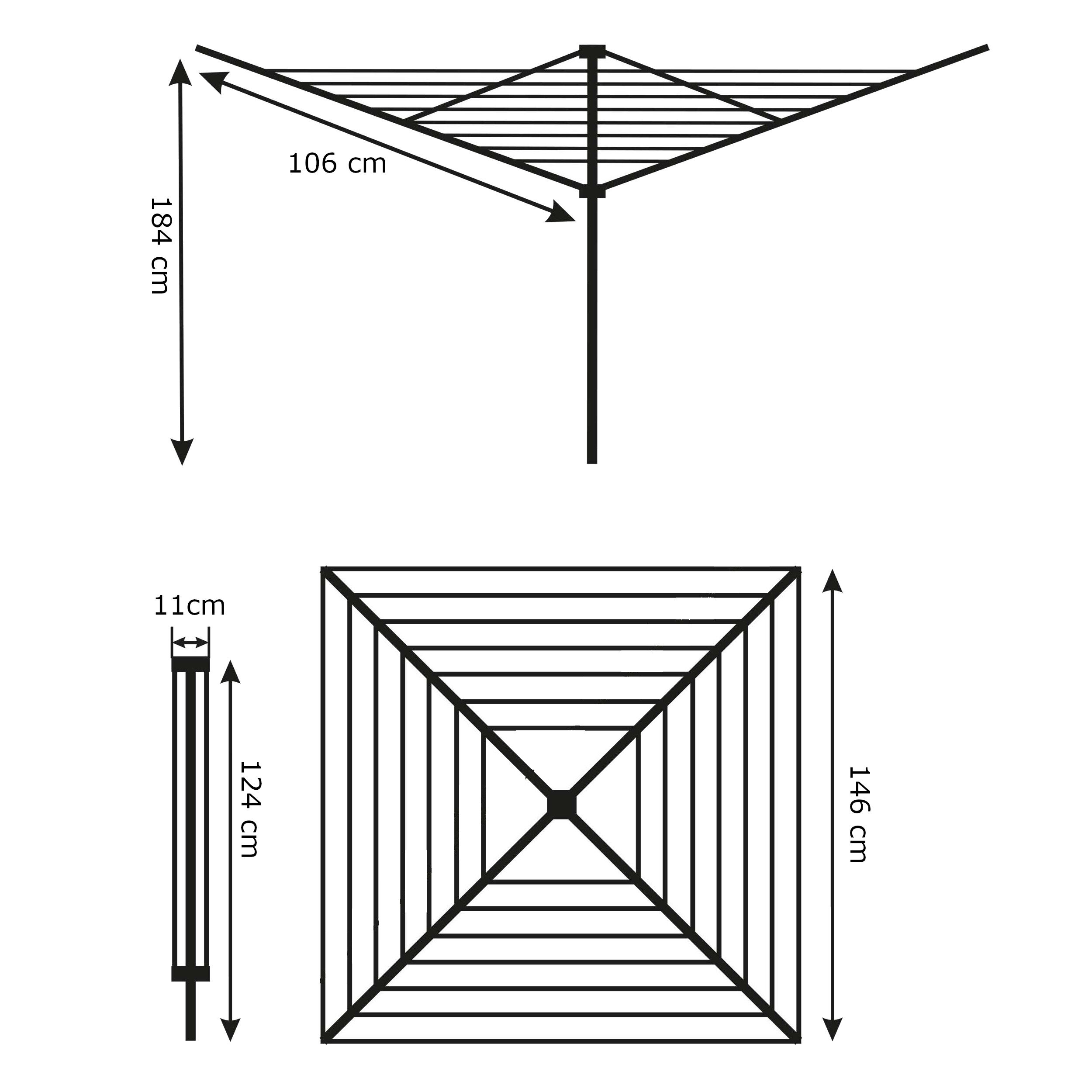 Schemat suszarki ogrodowej z wymiarami: wysokość 184 cm, szerokość 106 cm, długość 146 cm, długość po złożeniu 124 cm, szerokość po złożeniu 11 cm.