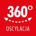 Czerwony kwadrat z białym tekstem \'360° OSCYLACJA\' oraz strzałkami wskazującymi obrót.