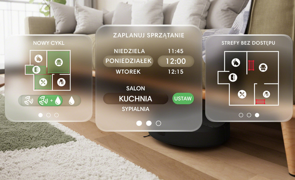Na obrazie widoczny jest interfejs planowania sprzątania robota, z opcjami wyboru cyklu, planowania czasu oraz stref bez dostępu. W tle znajduje się wnętrze pokoju z dywanem i sofą.