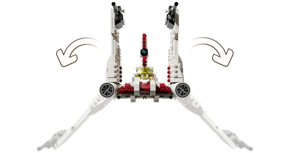 Model LEGO przedstawiający myśliwiec z serii Star Wars, z rozłożonymi skrzydłami i widocznymi elementami konstrukcyjnymi. Obok skrzydeł znajdują się strzałki wskazujące możliwość ich ruchu.