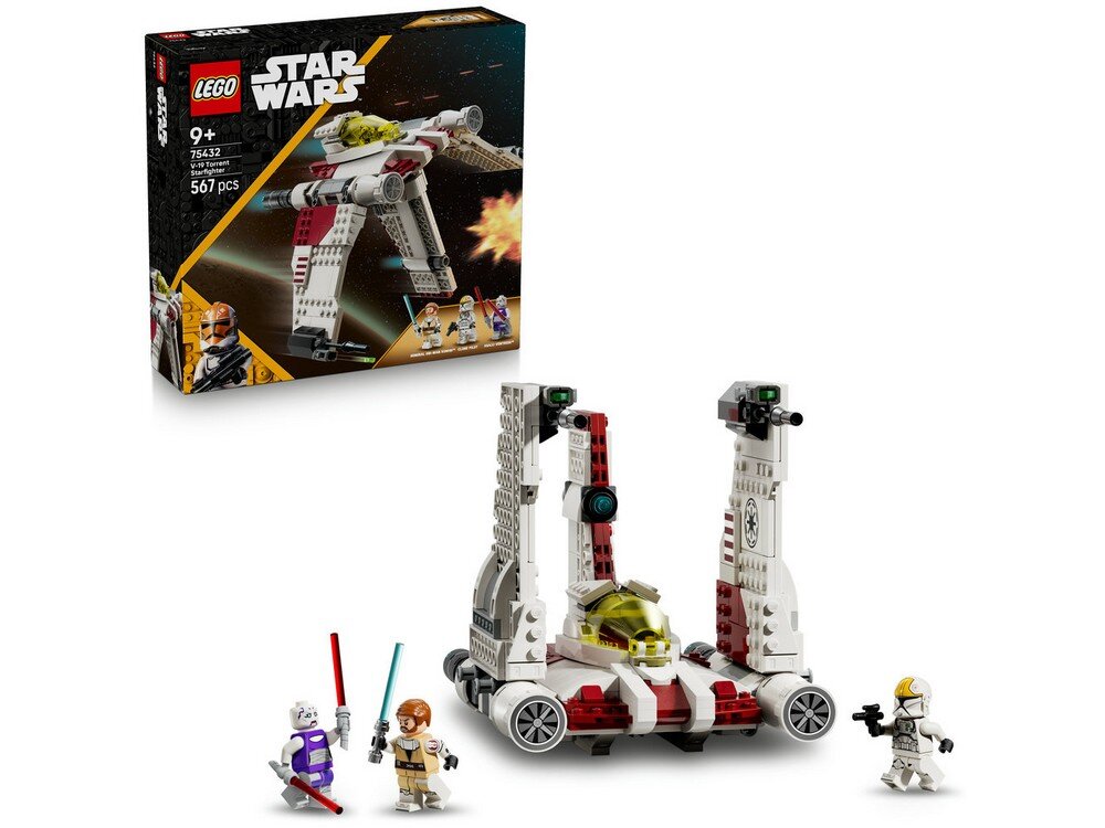 Zestaw LEGO Star Wars z myśliwcem V-19 Torrent i trzema minifigurkami. Na opakowaniu widnieje napis: \'LEGO Star Wars 75432, 9+, 567 pcs\'.