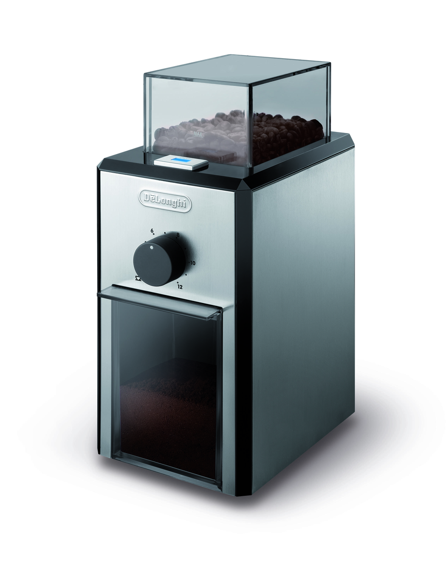 Metalowy młynek do kawy z przezroczystym pojemnikiem na ziarna i pokrętłem do regulacji grubości mielenia. Na obudowie widoczne jest logo \'DeLonghi\'.