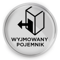 Ikona przedstawia symbol pojemnika z czarną strzałką skierowaną w lewo oraz tekst \'WYJMOWANY POJEMNIK\'.