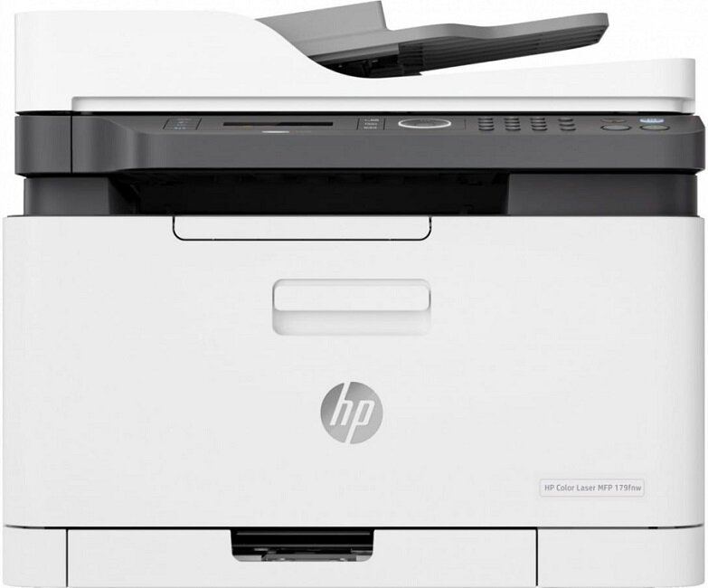 Na obrazie widoczne jest urządzenie wielofunkcyjne w kolorze białym z czarnymi elementami, z logo HP na przednim panelu. Na urządzeniu znajduje się napis \'HP Color Laser MFP 179fnw\'.