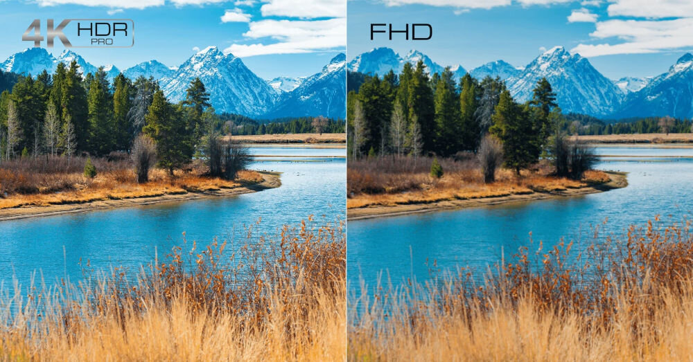 Obraz przedstawia porównanie jakości obrazu dwóch technologii: po lewej stronie 4K HDR PRO, a po prawej FHD. Widać krajobraz z jeziorem, drzewami i górami w tle, z wyraźniejszymi detalami i kolorami po lewej stronie.