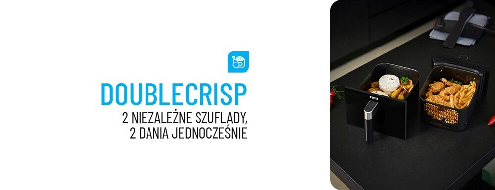 Obraz przedstawia frytkownicę beztłuszczową z dwoma koszami, w których znajdują się różne potrawy. Obok widoczny jest tekst: \'DOUBLECRISP 2 NIEZALEŻNE SZUFLADY, 2 DANIA JEDNOCZEŚNIE\'.