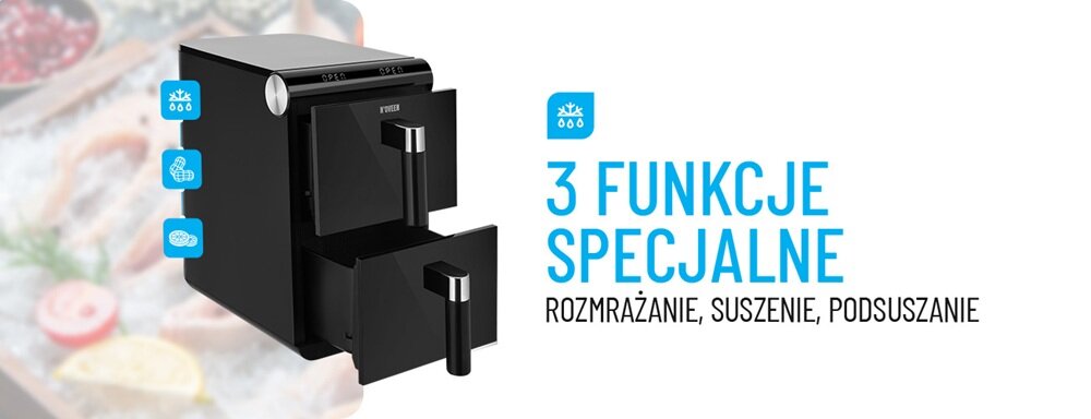 Czarna frytkownica beztłuszczowa z dwoma wysuwanymi koszami. Obok widoczny jest tekst: \'3 FUNKCJE SPECJALNE ROZMRAŻANIE, SUSZENIE, PODSUSZANIE\'.