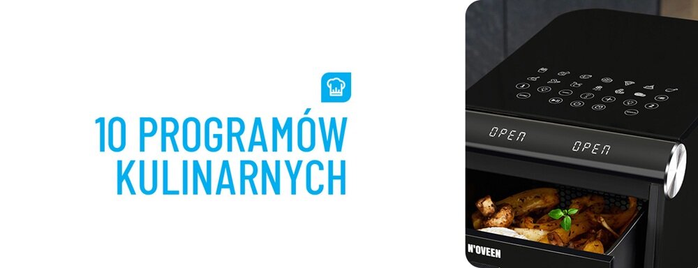Obraz przedstawia fragment frytkownicy beztłuszczowej z widocznym panelem dotykowym i otwartą szufladą z jedzeniem. Po lewej stronie znajduje się tekst \'10 PROGRAMÓW KULINARNYCH\' z ikoną kucharza.