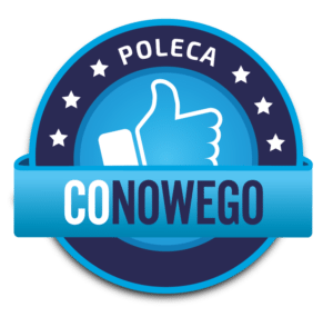 Niebieska odznaka z białym kciukiem uniesionym do góry, otoczona gwiazdami. Na odznace widnieje tekst: \'POLECA CONOWEGO\'.