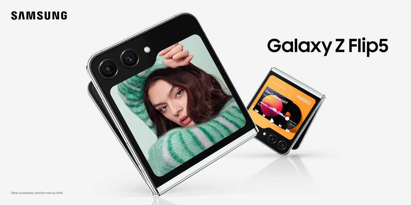 Galaxy Z Flip 5, dostępny w sklepach Media Expert Obraz przedstawia dwa smartfony z widocznymi ekranami, na jednym z nich wyświetlona jest twarz kobiety, a na drugim kolorowa grafika z tekstem. W lewym górnym rogu widoczne jest logo \'SAMSUNG\', a po prawej napis \'Galaxy Z Flip5\'.