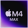 Kwadratowa ikona z logo jabłka i napisem \'M4 MAX\' na ciemnym tle z fioletowym gradientem.